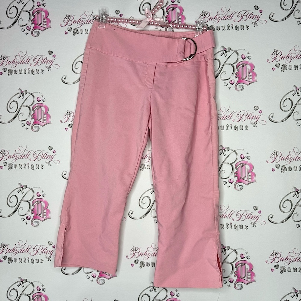 Capri pants y2k bubblegum pink with waist belt tie up silver hardware cute slit